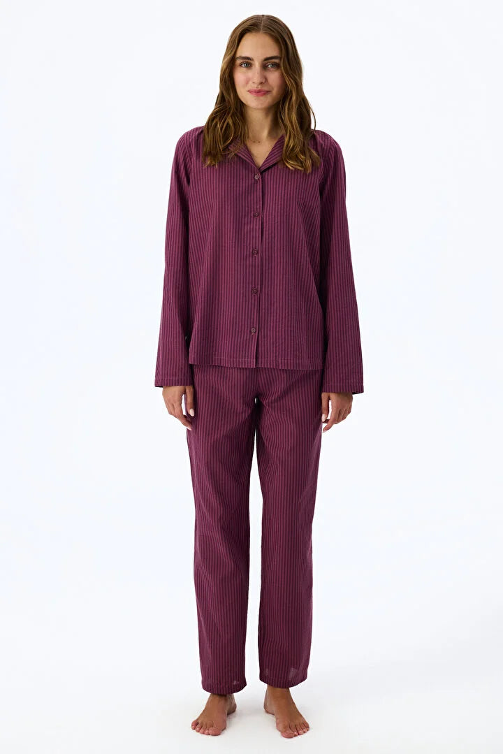 Penti Bordeaux Striped Long Sleeve Shirt & Trouser Pyjama Set