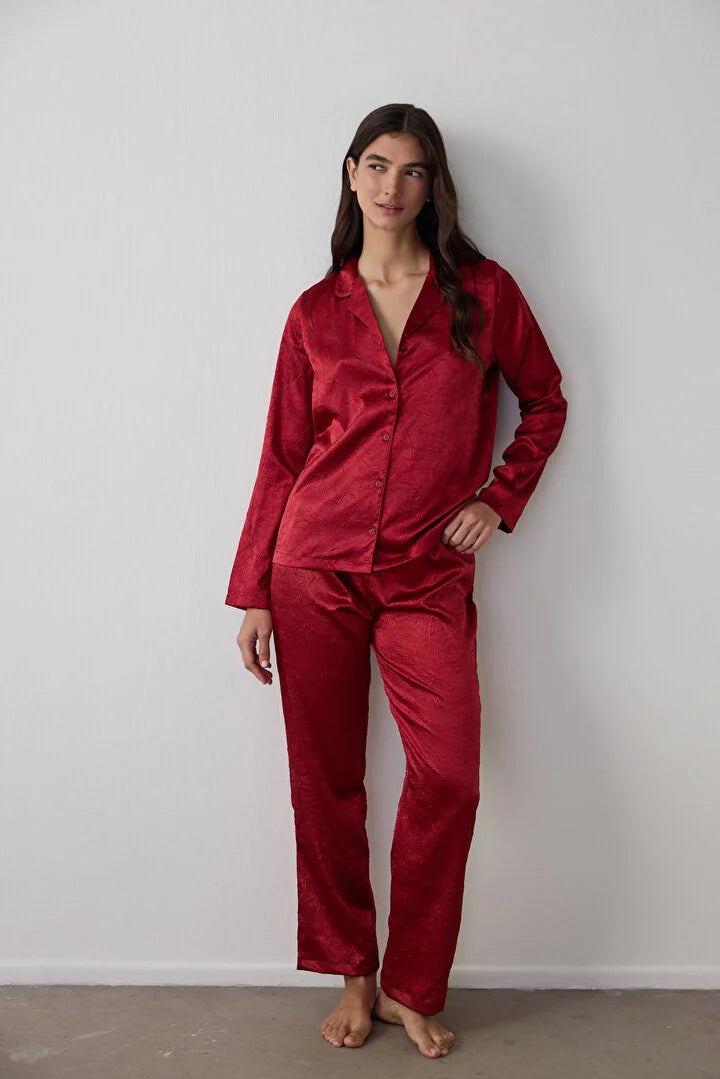 Penti Red Satin Shirt Collar Long Sleeve Pajama Set