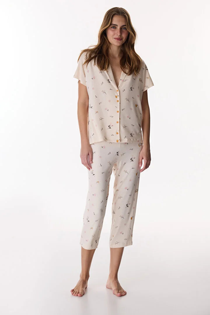 Penti Beige Printed Shirt & Capri Pyjama Set