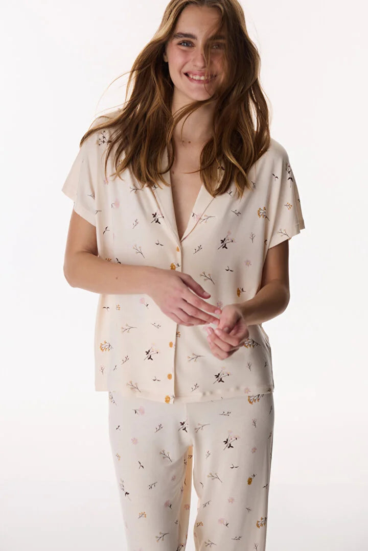 Penti Beige Printed Shirt & Capri Pyjama Set