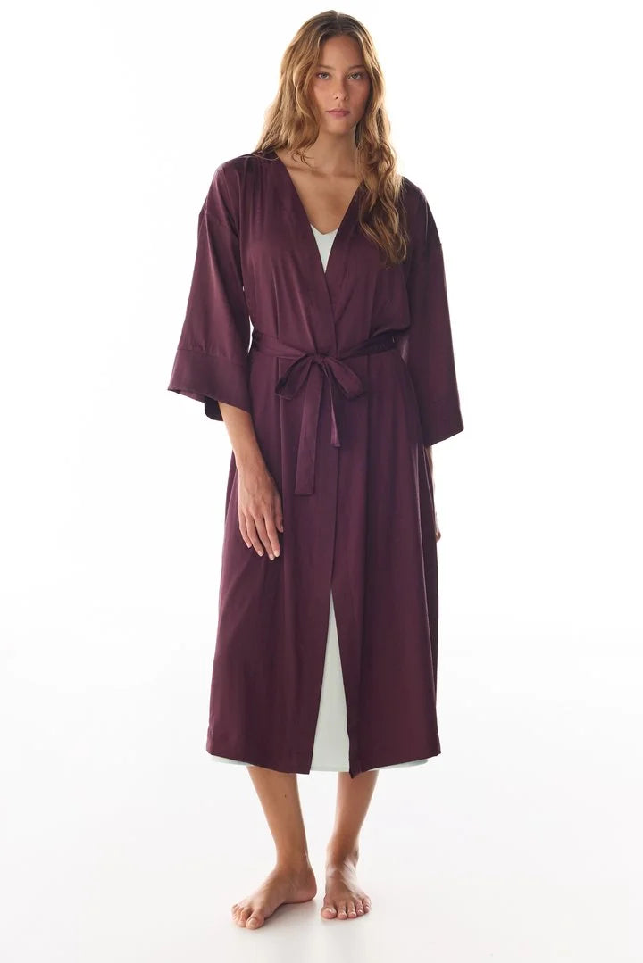 Penti Bordeaux Aurora Satin Floral 3/4 Sleeve Robe