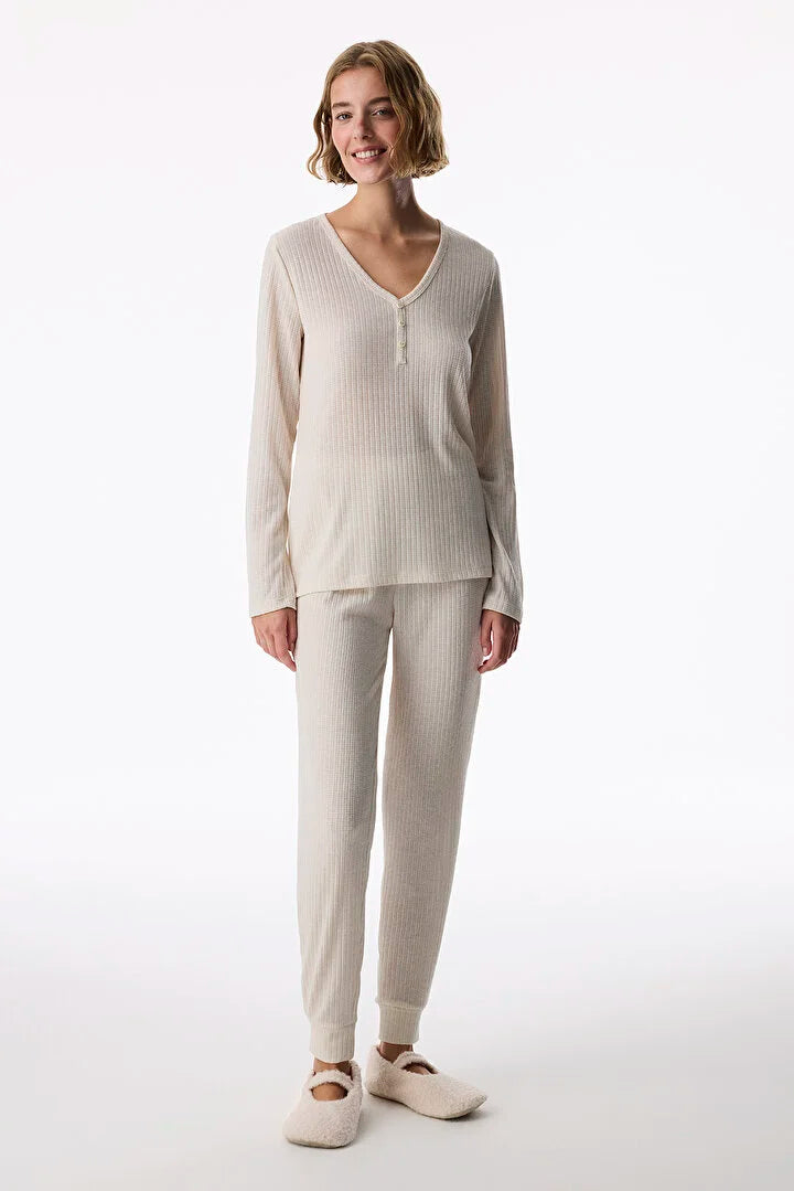 Penti Ecru Long-Sleeve Pants Pajama Set