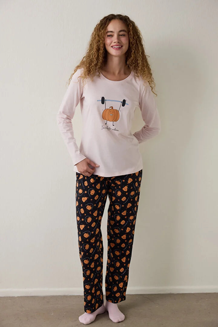 Penti Pumpkin Patterned Crew Neck Long Sleeve Pajama Set