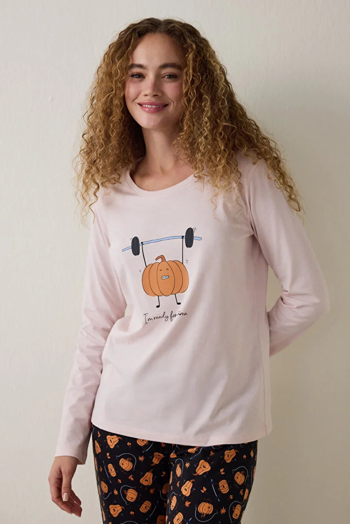 Penti Pumpkin Patterned Crew Neck Long Sleeve Pajama Set