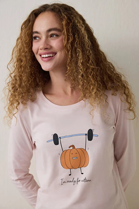 Penti Pumpkin Patterned Crew Neck Long Sleeve Pajama Set