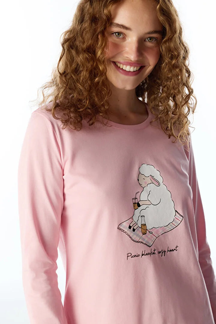 Penti Pink Comfy Heart Animal Print Long Sleeve Pyjama Set With Trousers