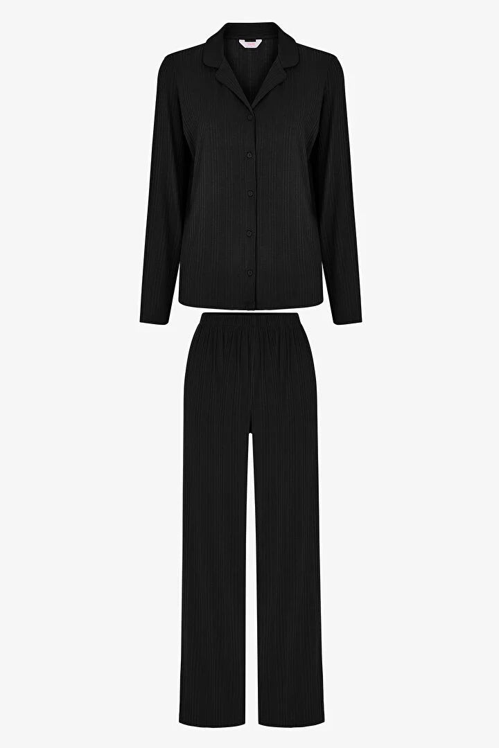 Penti Black Quinn Rib Long Sleeve Shirt & Trouser Pyjama Set