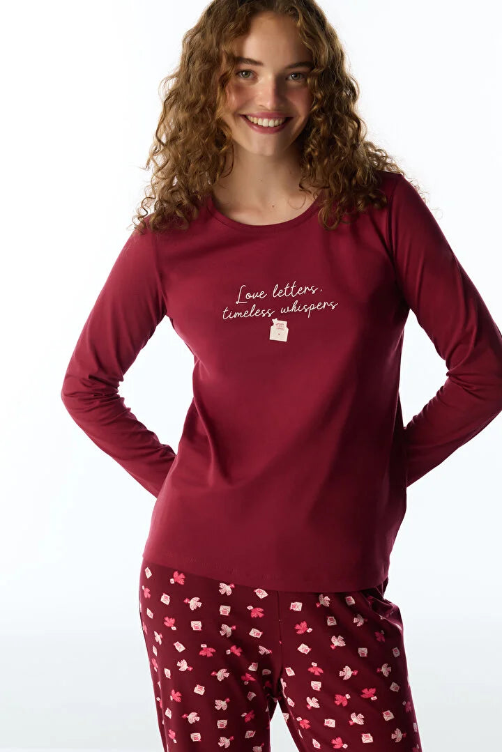 Penti Bordeaux Letters Bird Print Long Sleeve Pyjama Set With Trousers