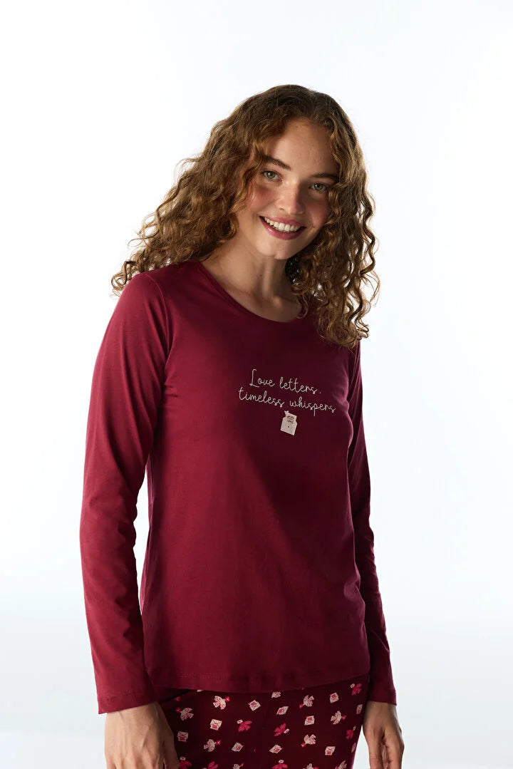 Penti Bordeaux Letters Bird Print Long Sleeve Pyjama Set With Trousers