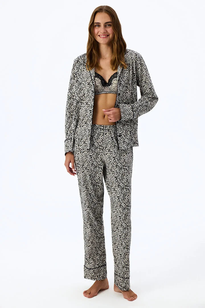 Penti Ecru Noir Garden Leopard Print Long-Sleeve Shirt and Pants Pajama Set