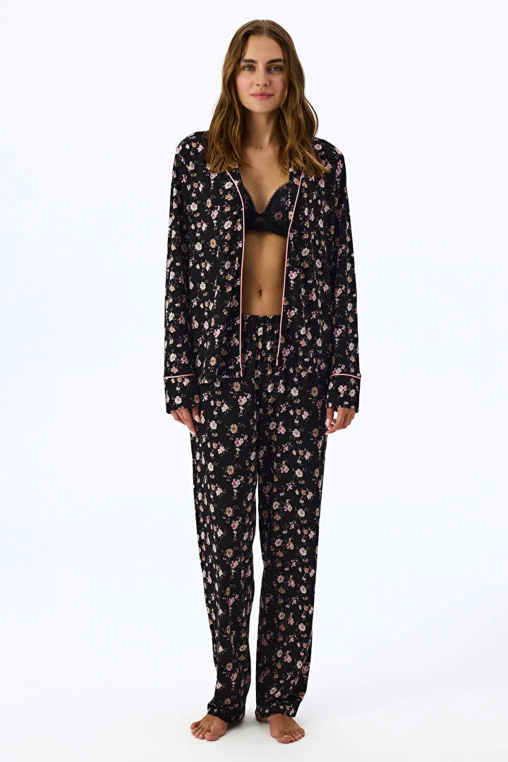 Penti Black Floral Dream Long Sleeve Shirt & Trouser Pyjama Set