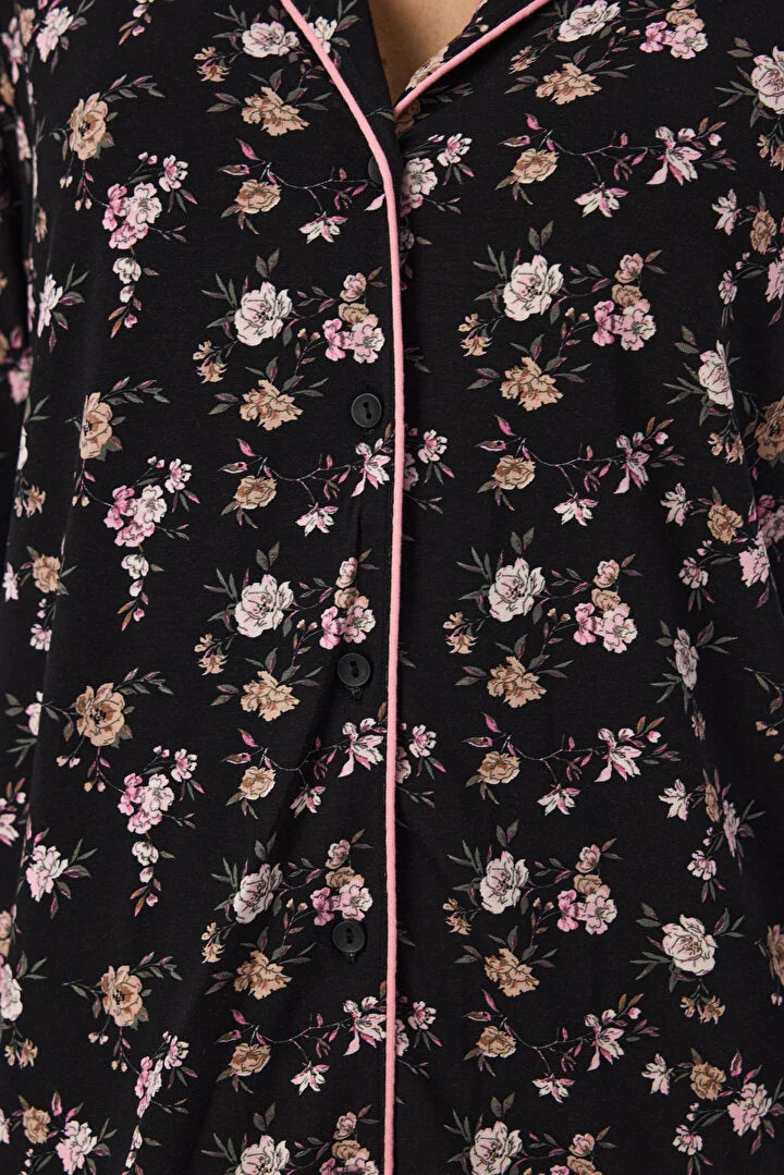 Penti Black Floral Dream Long Sleeve Shirt & Trouser Pyjama Set