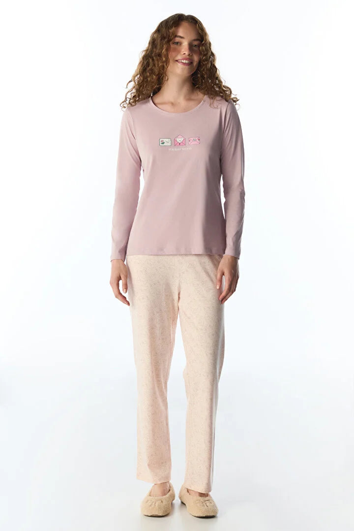 Penti Soft Pink Cat Print Long Sleeve Pyjama Set with Trousers
