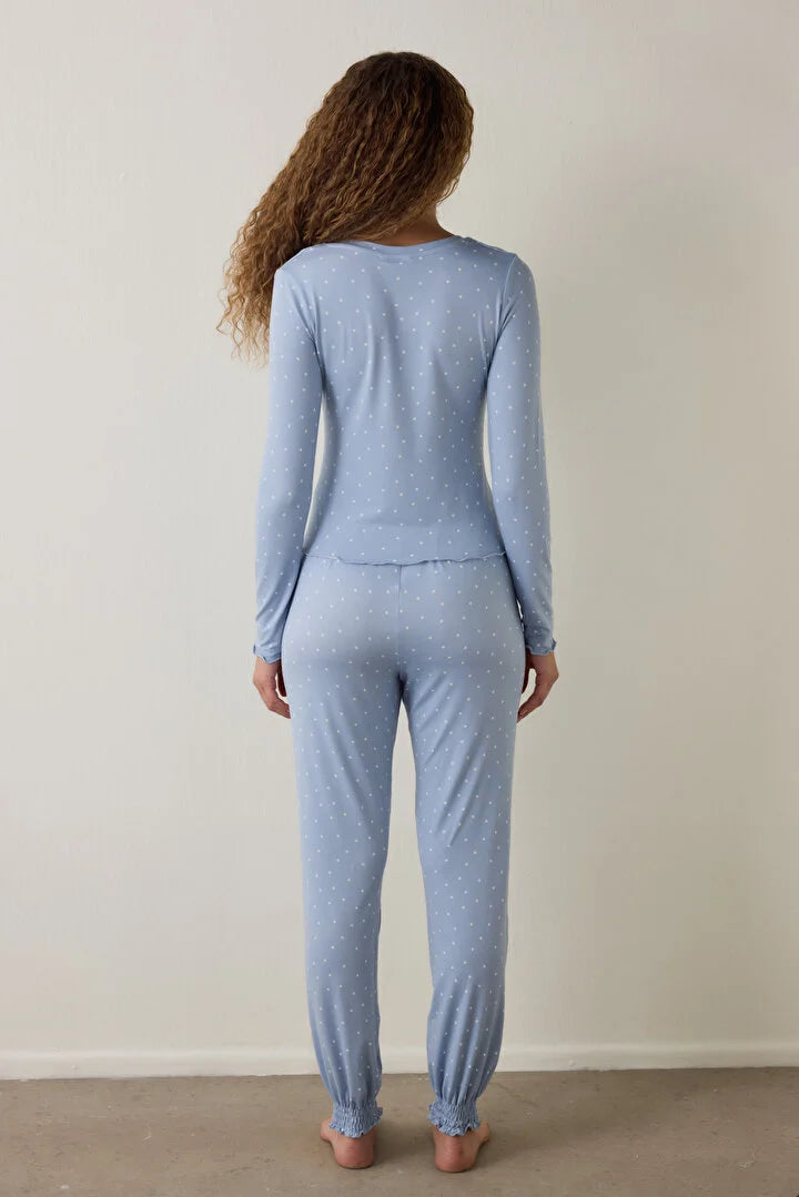 Penti Light Blue Dreamy Polka Dot Patterned V-Neck Long Sleeve Pajama Set