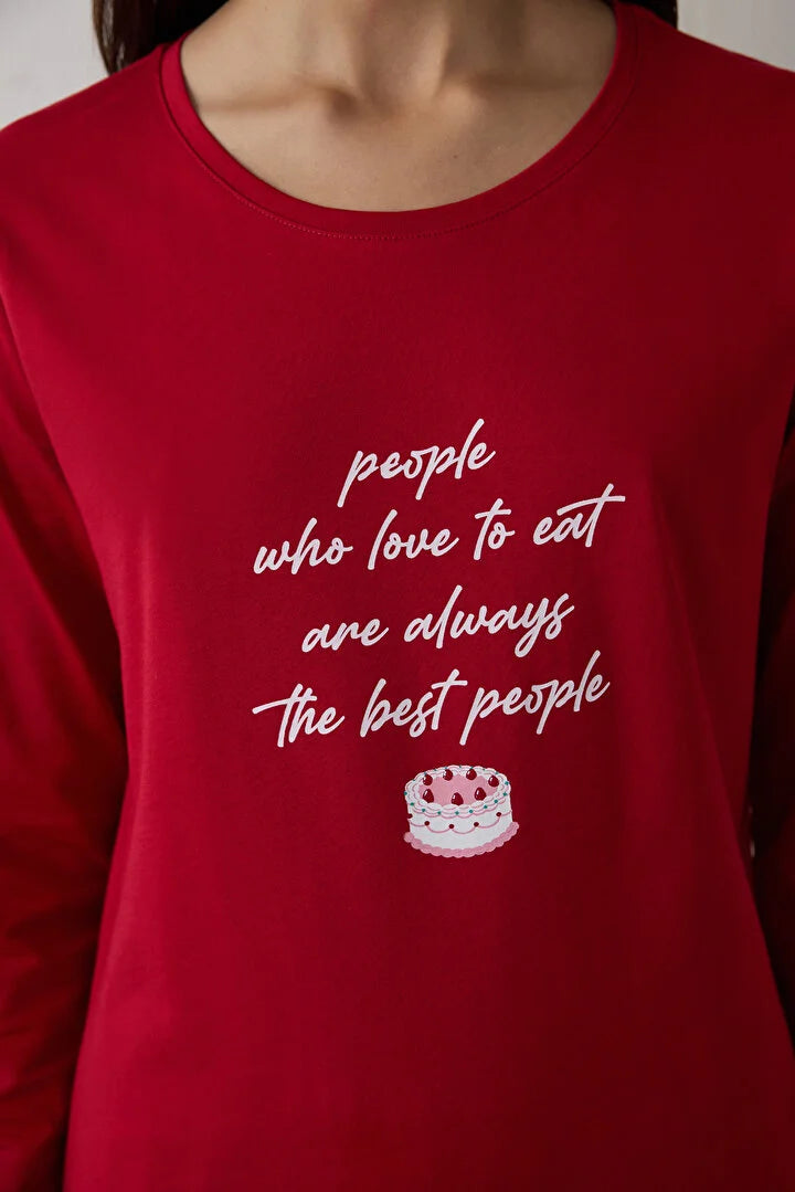 Penti Red Joyous Time New Year's Themed Crew Neck Long Sleeve Pajama Set