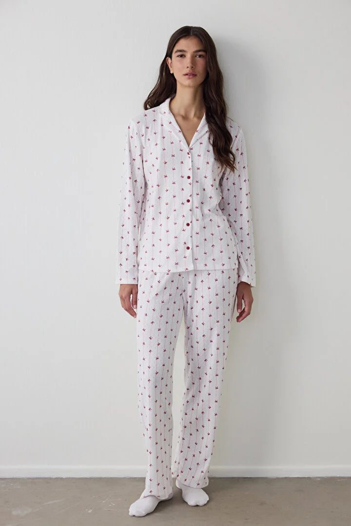 Penti Off-White Bow Patterned Shirt Collar Long Sleeve Pajama Set