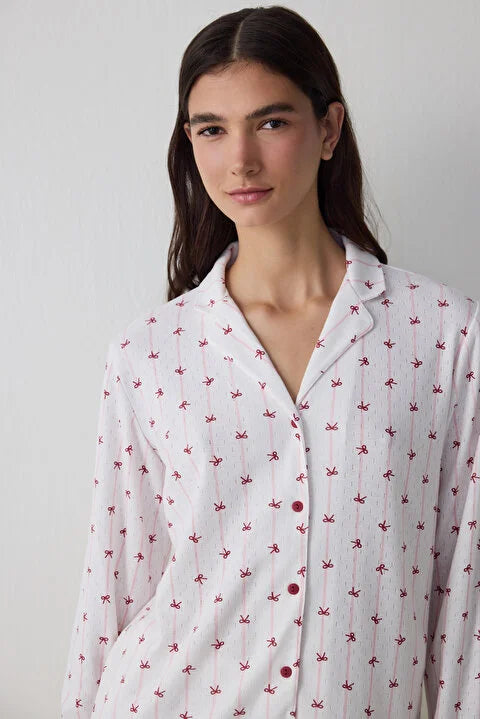 Penti Off-White Bow Patterned Shirt Collar Long Sleeve Pajama Set