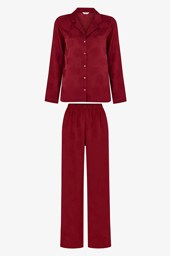 Penti Bordeaux Orquidea Satin Floral Long Sleeve Shirt & Trouser Pyjama Set