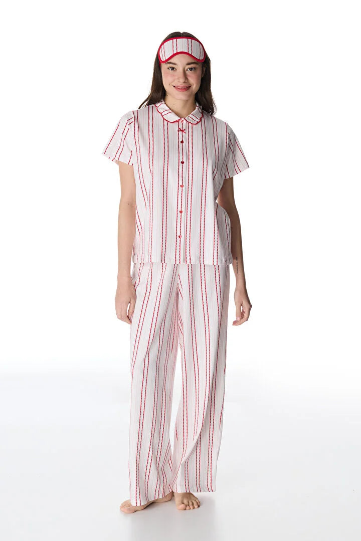 Penti Off-White Rosy Stripes Shirt & Pants Pajama Set