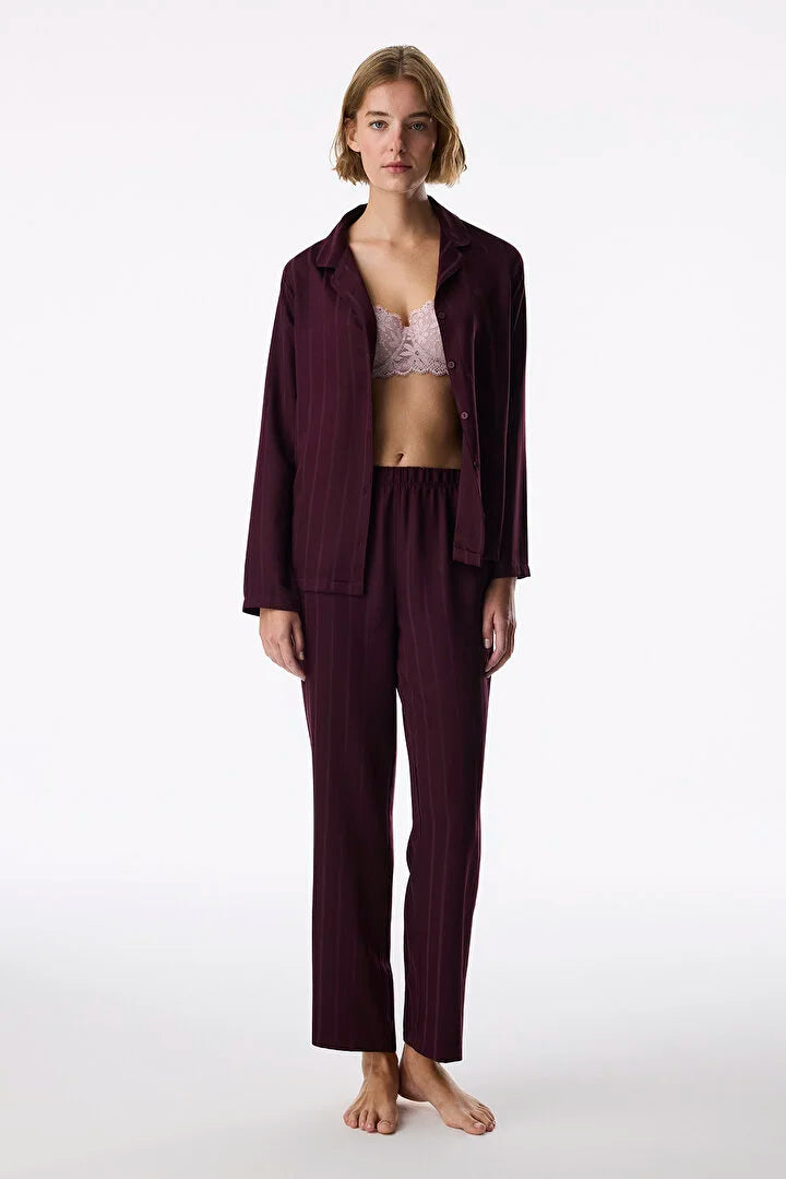 Penti Bordeaux Maroon Satin Striped Long-Sleeve Shirt And Pants Pajama Set