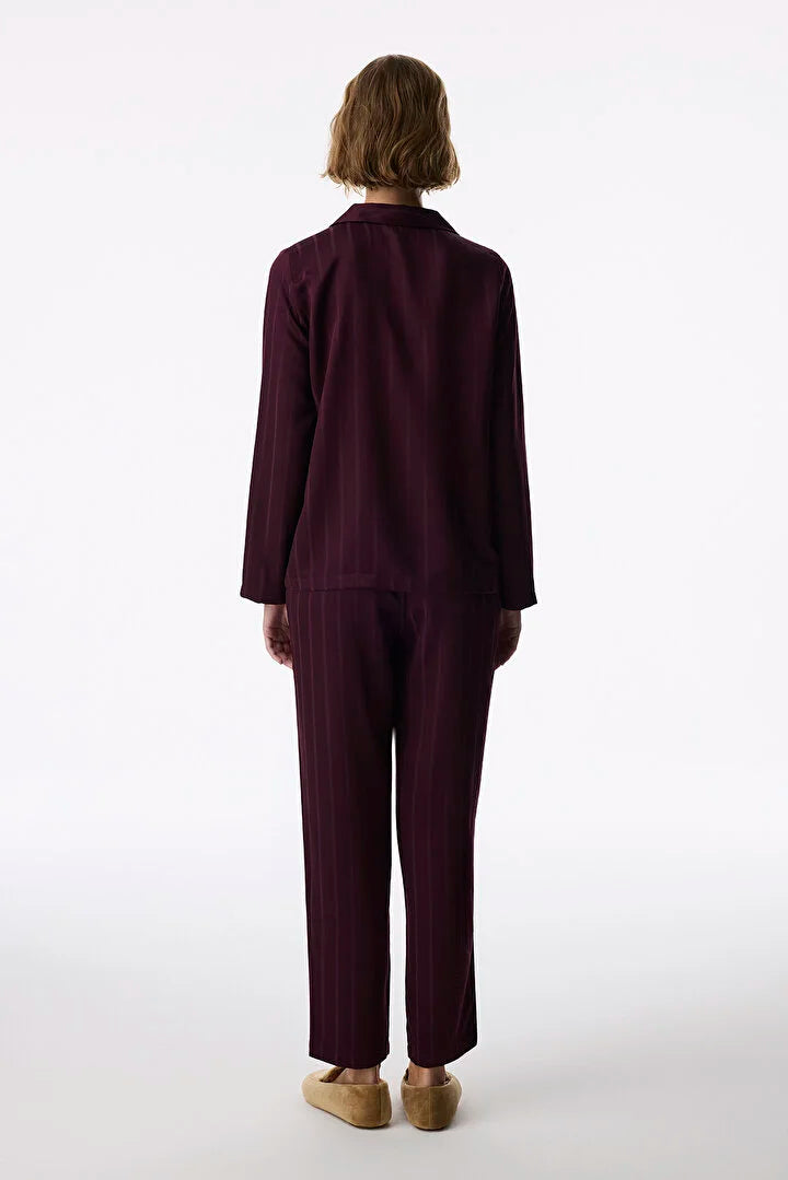 Penti Bordeaux Maroon Satin Striped Long-Sleeve Shirt And Pants Pajama Set