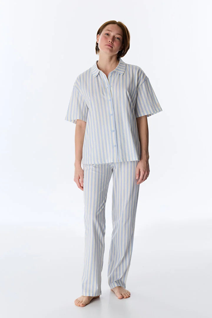 Penti Blue Striped Shirt & Pants Pyjama Set
