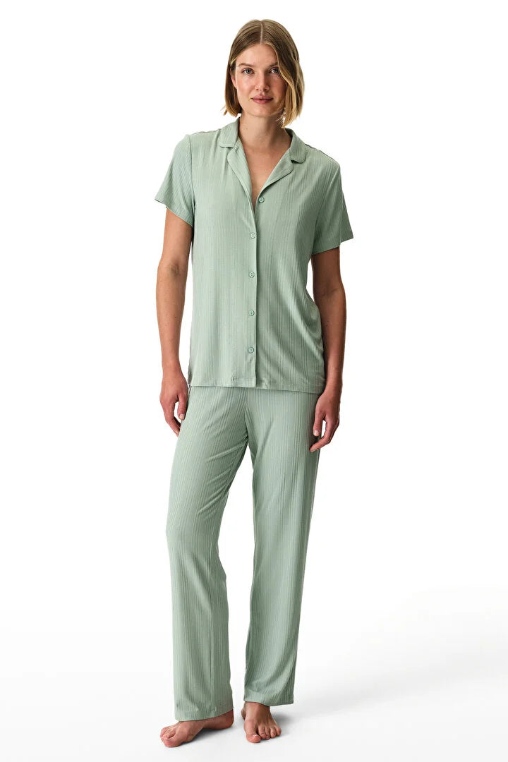 Penti Light Green Ribbed Shirt & Pants Pajama Set