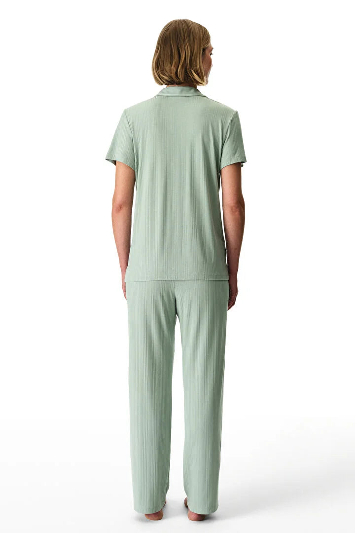 Penti Light Green Ribbed Shirt & Pants Pajama Set