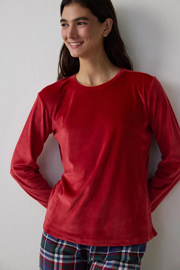 Penti Red Comfy Time Crew Neck Plaid Pajama Set