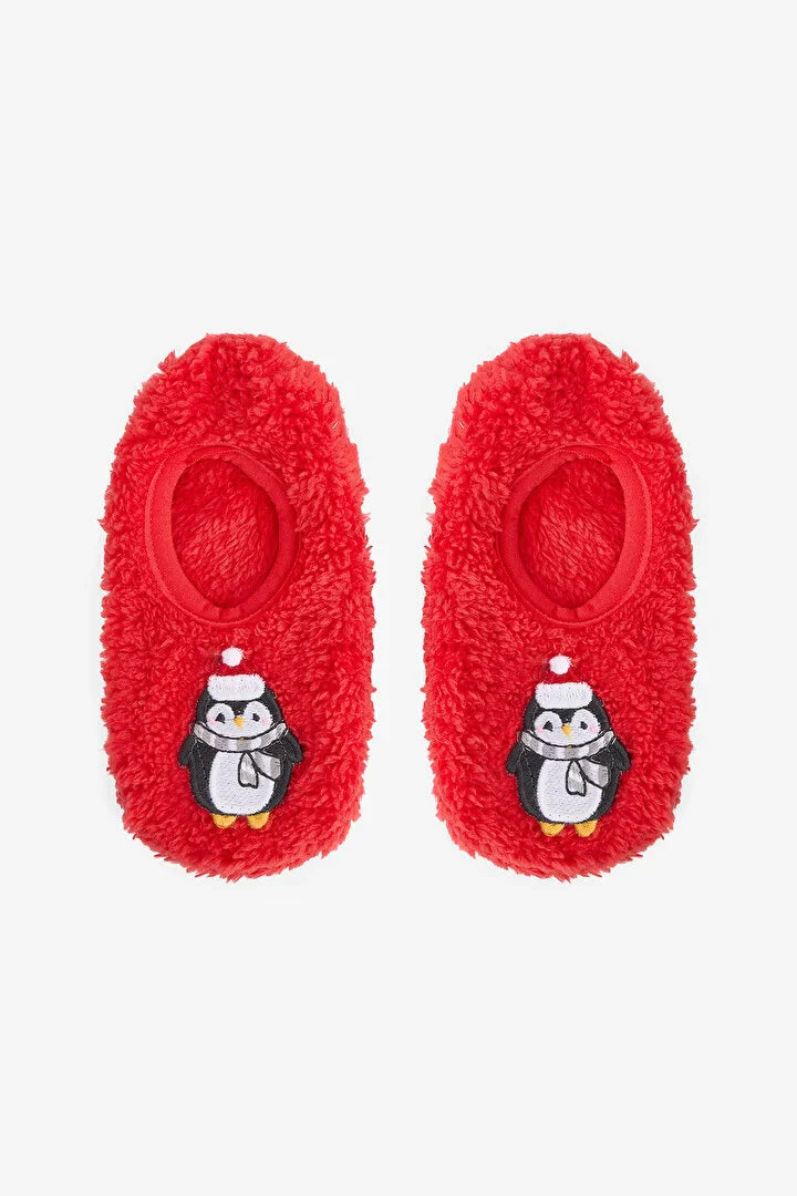 Penti Unisex Children's Red Penguin Print Non-Slip Sole Home Booties