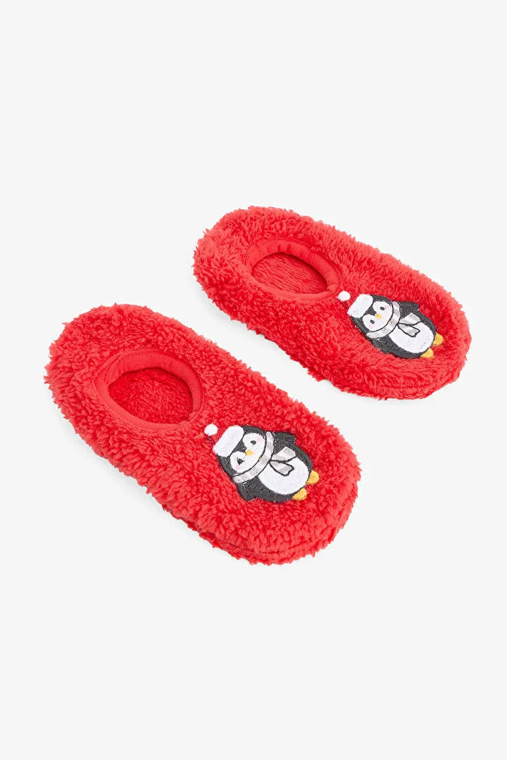Penti Unisex Children's Red Penguin Print Non-Slip Sole Home Booties