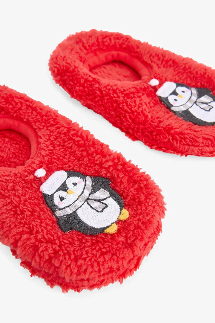 Penti Unisex Children's Red Penguin Print Non-Slip Sole Home Booties