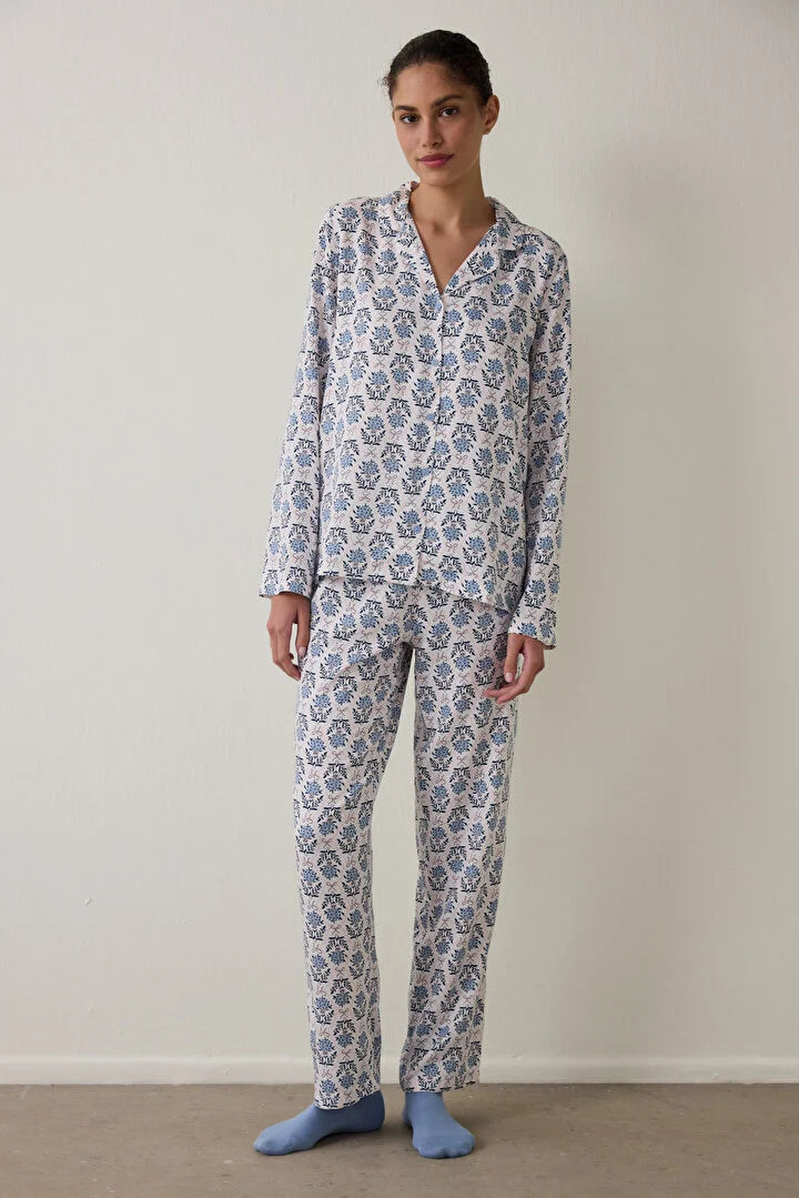 Penti Light Blue Blue Flowers Long Sleeve Shirt Pajama Set