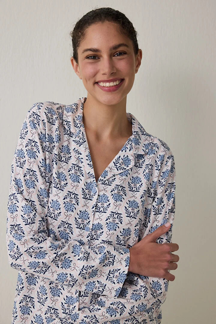 Penti Light Blue Blue Flowers Long Sleeve Shirt Pajama Set