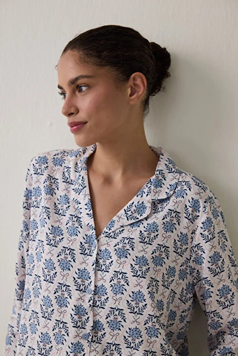 Penti Light Blue Blue Flowers Long Sleeve Shirt Pajama Set