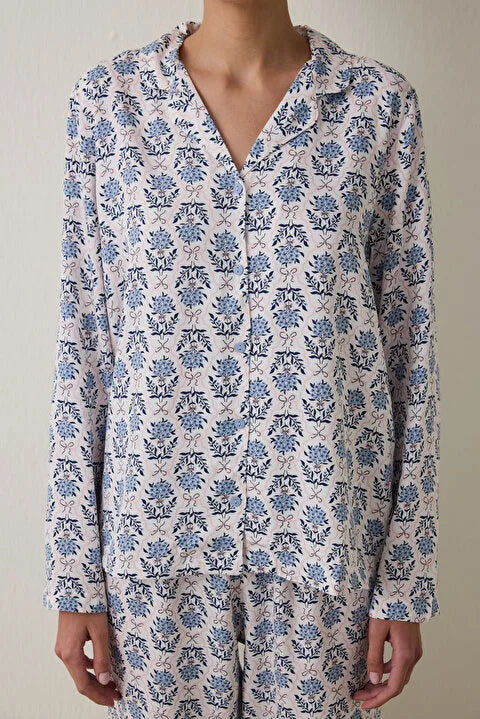 Penti Light Blue Blue Flowers Long Sleeve Shirt Pajama Set