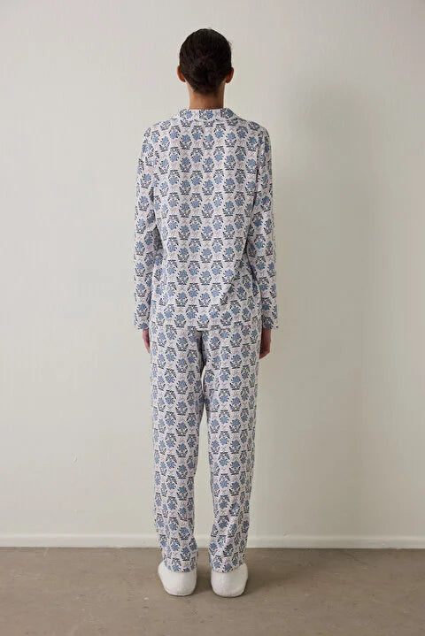 Penti Light Blue Blue Flowers Long Sleeve Shirt Pajama Set