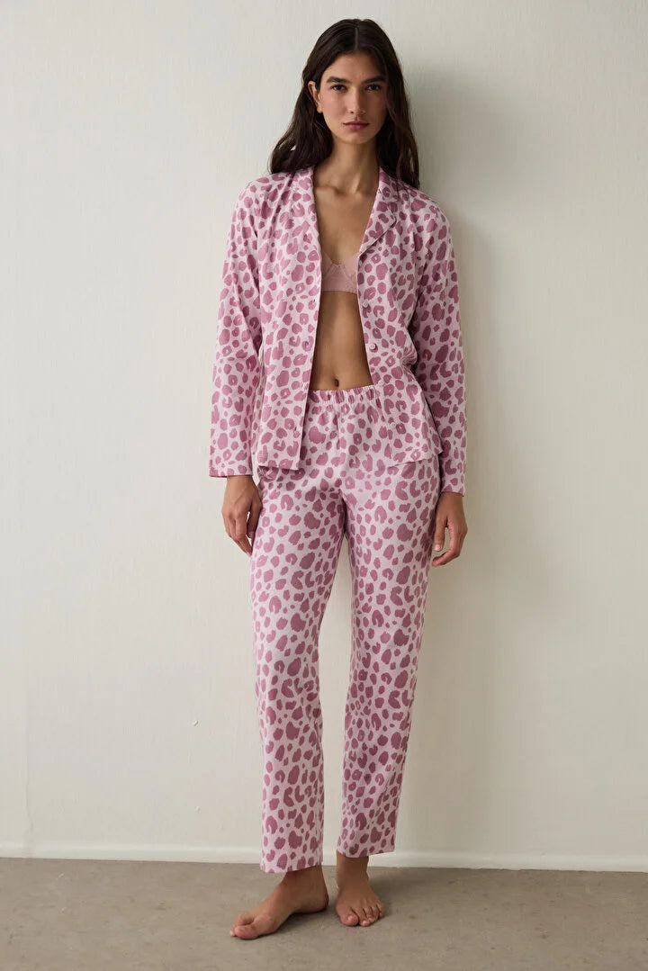 Penti Pink Leopard Patterned Long Sleeve Button-Down Shirt Collar Pajama Set