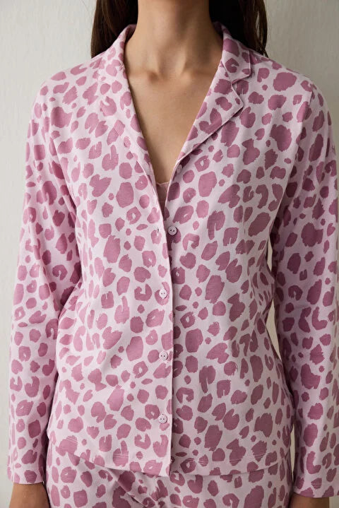 Penti Pink Leopard Patterned Long Sleeve Button-Down Shirt Collar Pajama Set