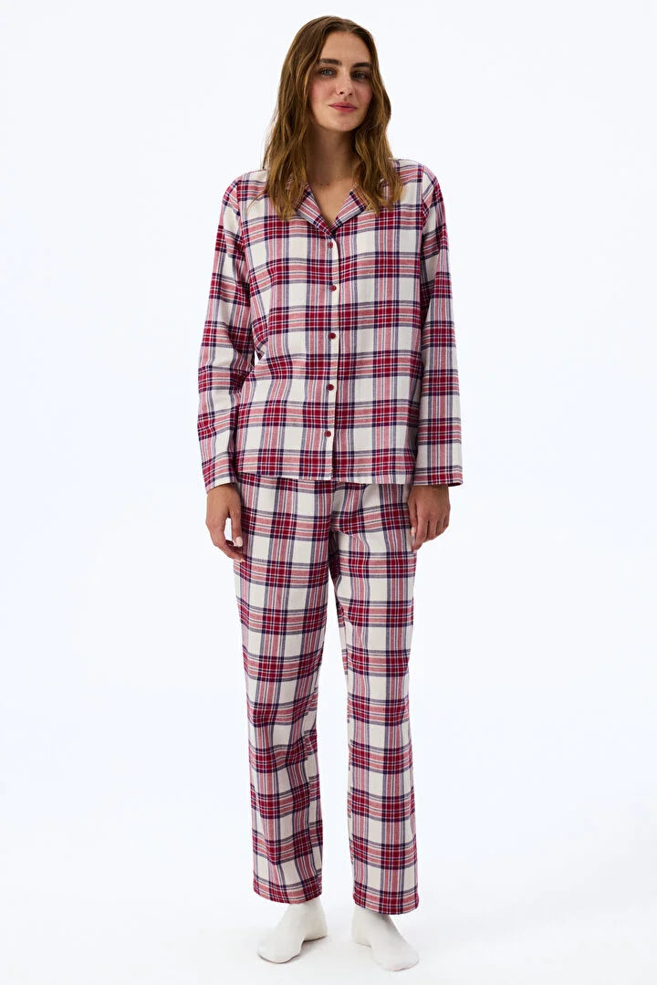 Penti Bordeaux Leila Checked Long Sleeve Shirt & Trouser Pyjama Set