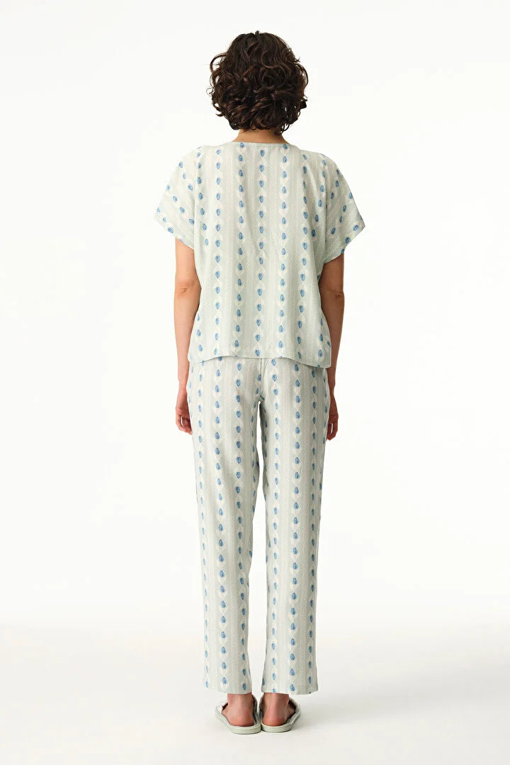 Penti Light Green Serenity Striped Shirt & Pants Pajama Set