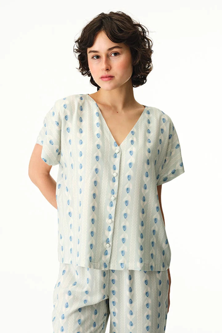 Penti Light Green Serenity Striped Shirt & Pants Pajama Set