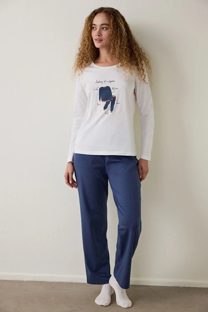 Penti Navy Blue Anatomy Crew Neck Long Sleeve Cotton Pajama Set