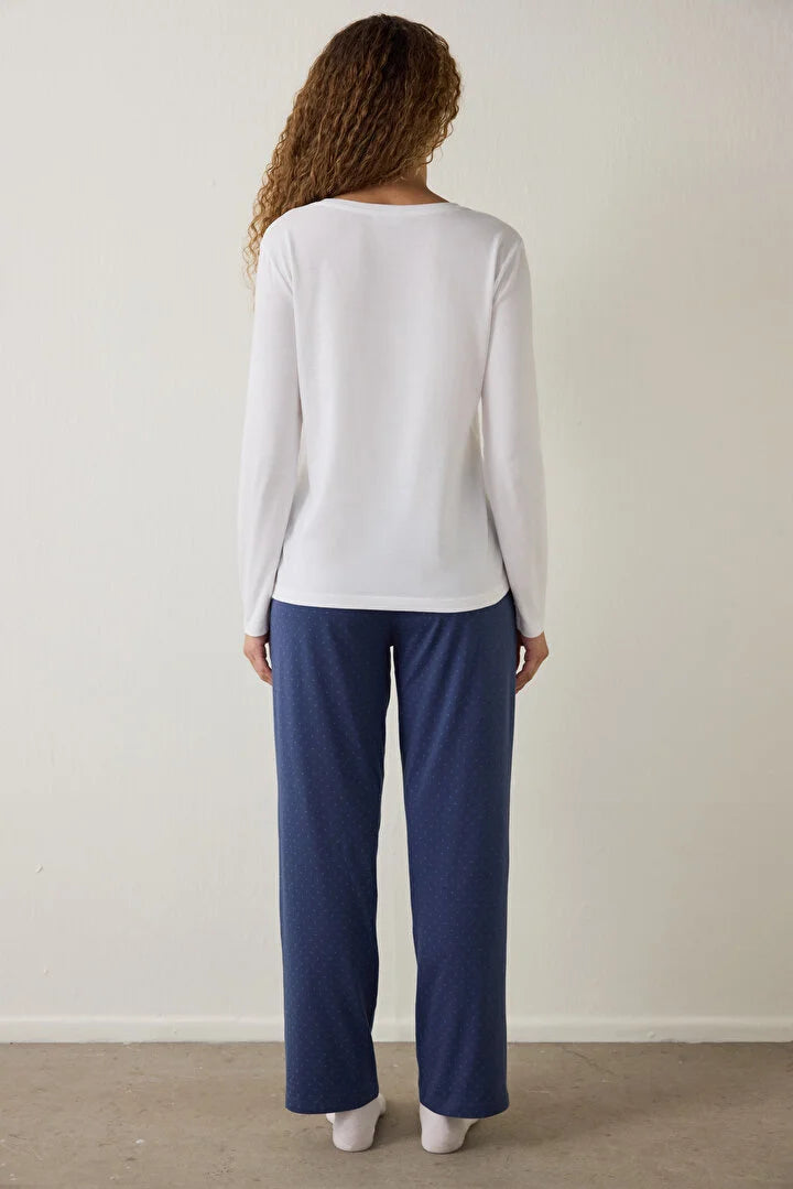 Penti Navy Blue Anatomy Crew Neck Long Sleeve Cotton Pajama Set