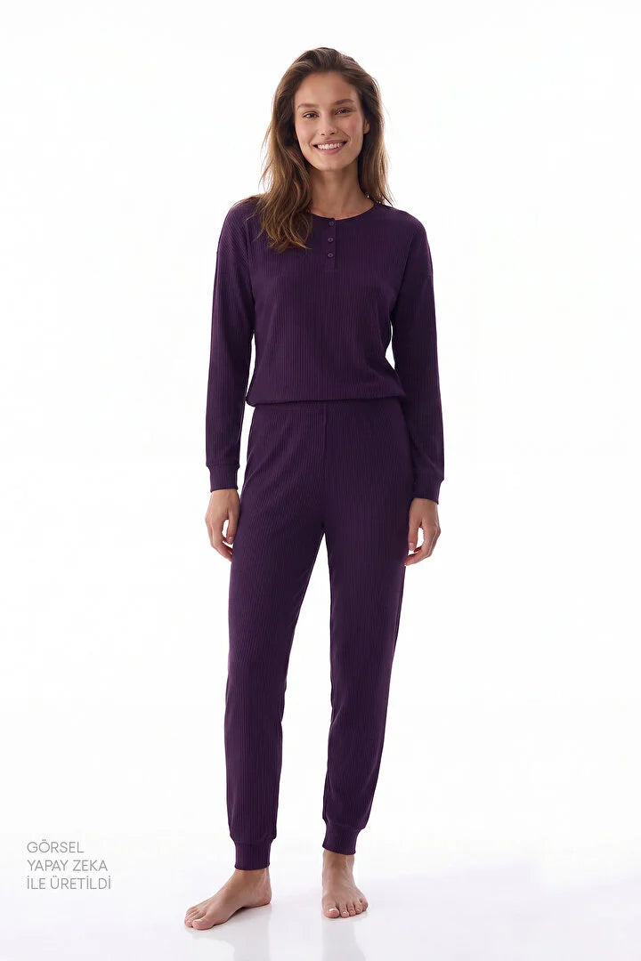 Penti Dark Purple Midnight Mood Rib Pantolon Long Sleeve Pyjama Set