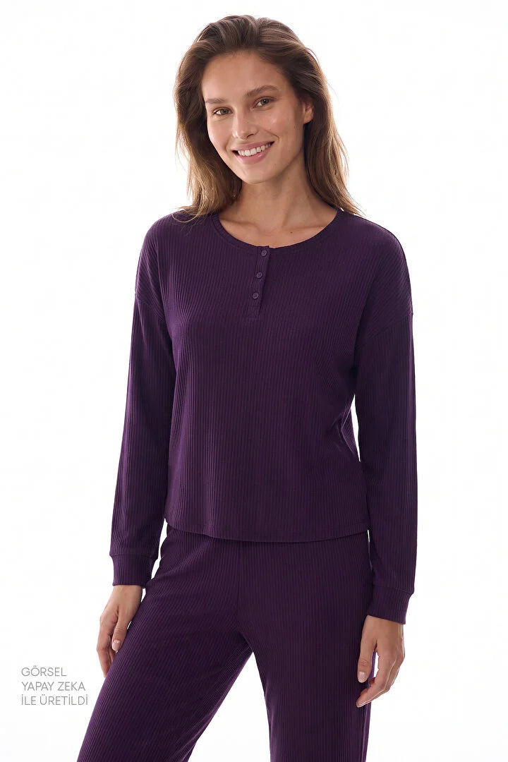 Penti Dark Purple Midnight Mood Rib Pantolon Long Sleeve Pyjama Set