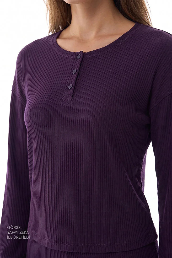 Penti Dark Purple Midnight Mood Rib Pantolon Long Sleeve Pyjama Set
