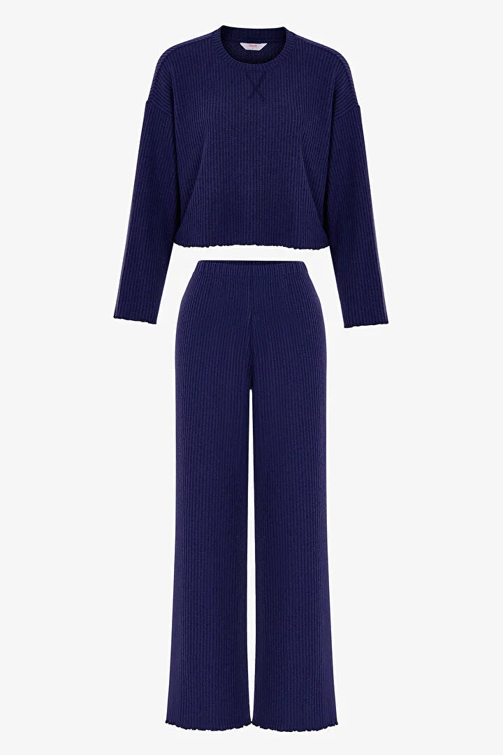 Penti Navy Navy Waffle Pantolon Long Sleeve Pyjama Set