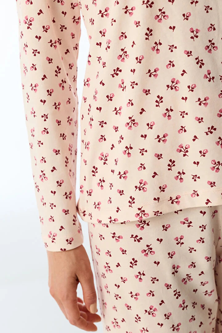 Penti Soft Pink Petal Floral Long-Sleeved Pants Pajama Set