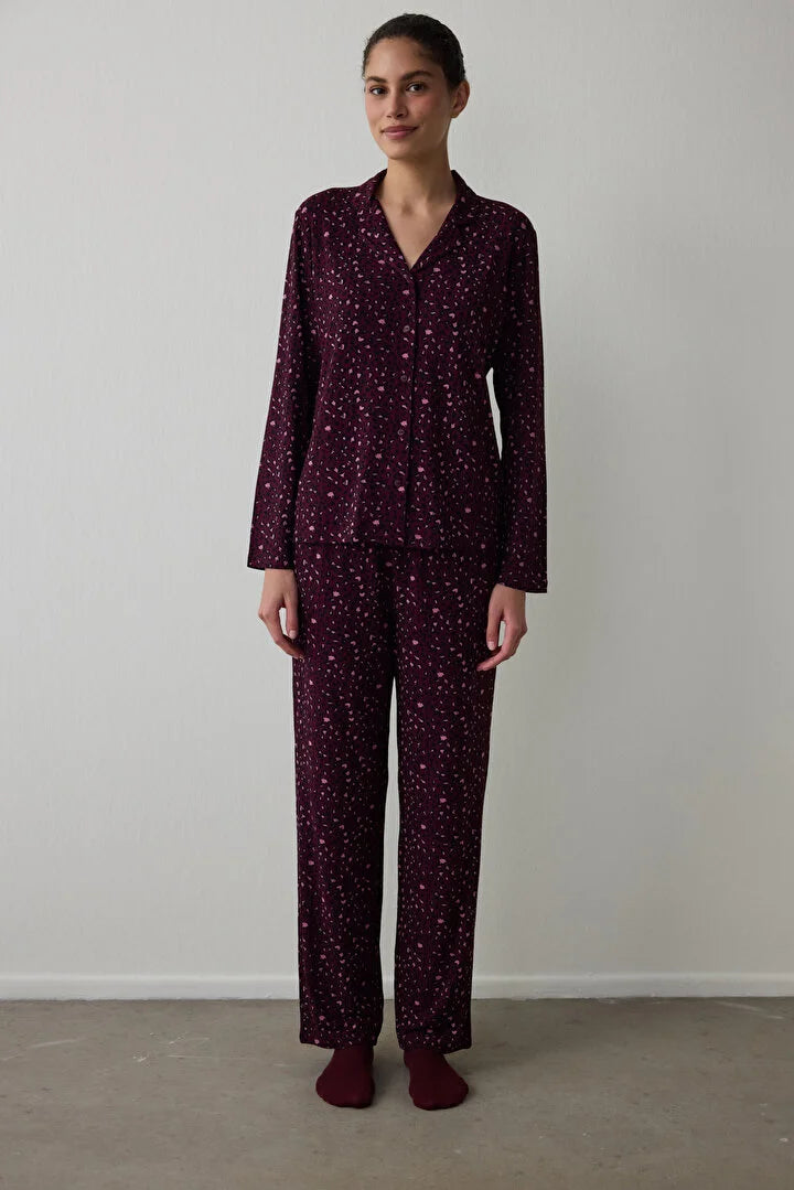 Penti Burgundy Leopard Patterned Ribbed Shirt Collar Long Sleeve Pajama Set